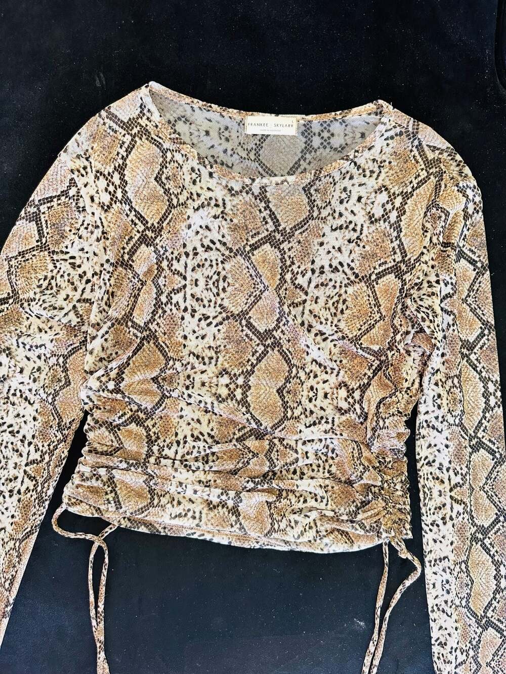 Frankee & Skylarr Snakeskin Print Mesh Long Sleeve Ruched Top